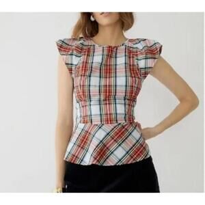 #1391 J. Crew NWT Cap Sleeve Peplum Top Snowy Stewart Tartan Plaid Size 16
